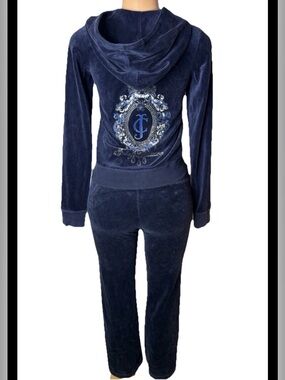 Embellished Navy Velour Tracksuit with Hood